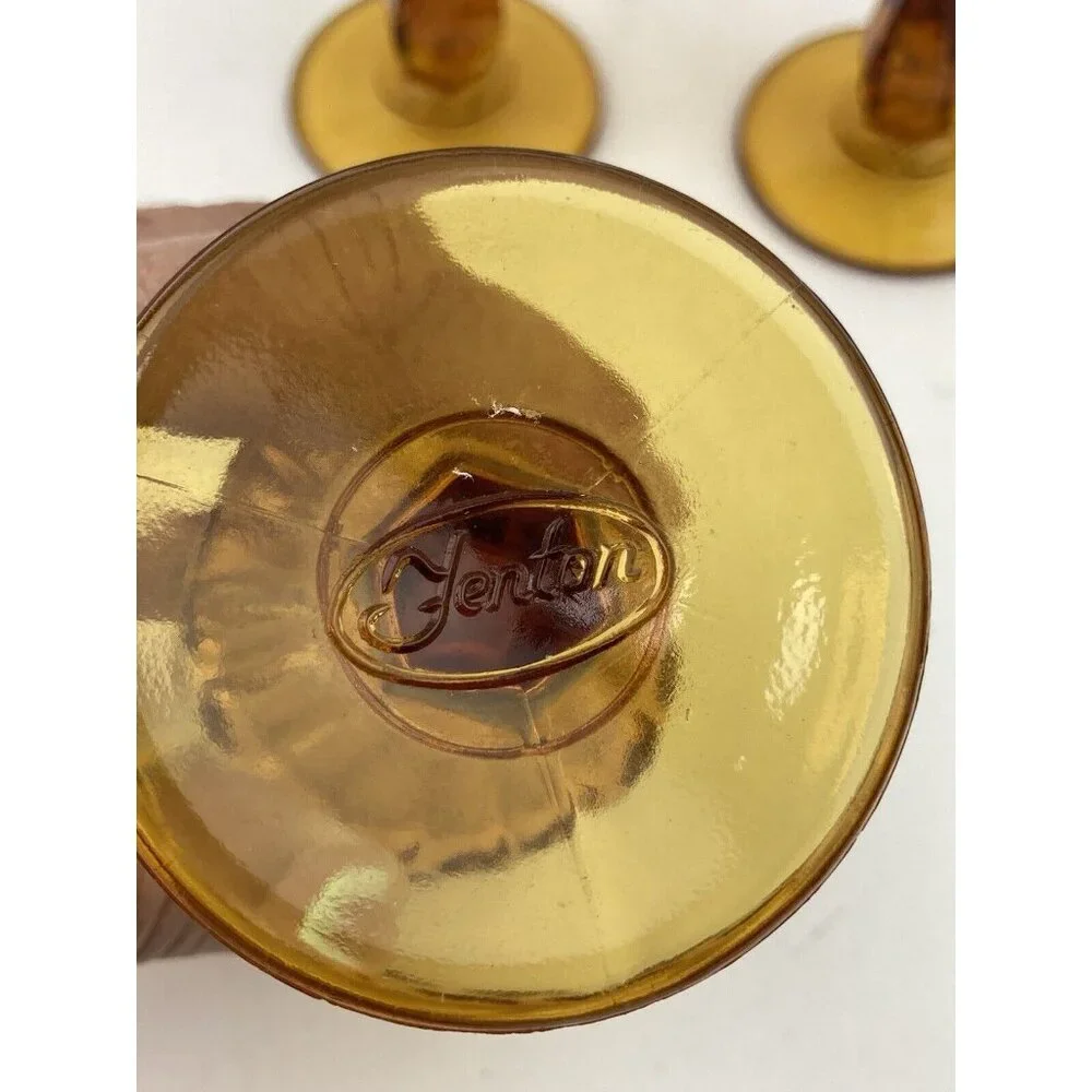 *3-Vintage Fenton Colonial Goblet Amber Glass MCM Thumbprint Mid Century